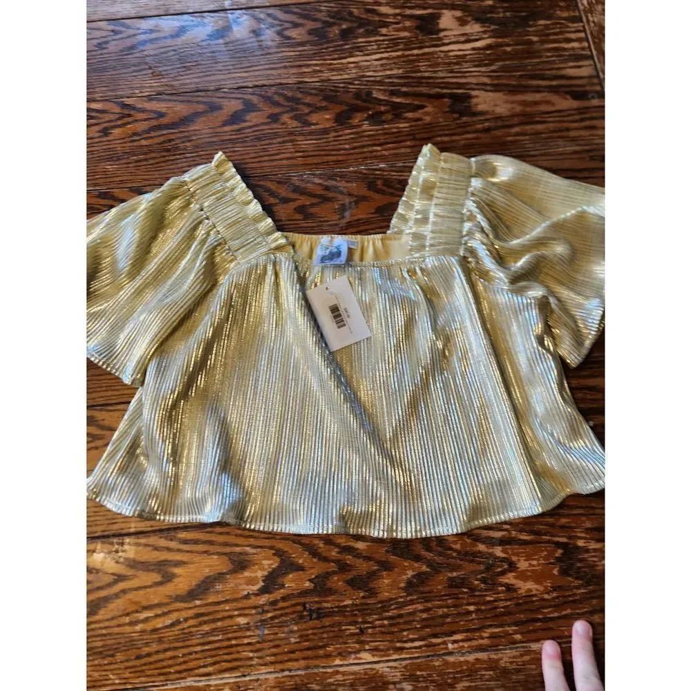 NWT Queen of Sparkles yellow/silver ribbed Flutter top sz XS